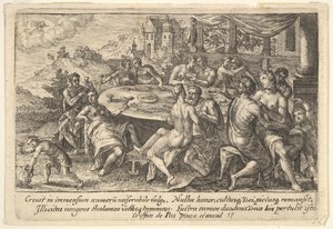 De mensheid geeft zich over aan wellust voor de zondvloed: omhelzende koppels op banken rond een tafel