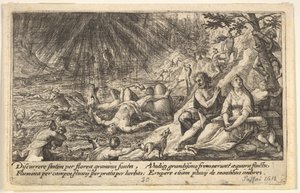 Het begin van de zondvloed: mannen en vrouwen klimmen naar hoger gelegen grond rechts, water neemt toe, 1612 door Crispijn de Passe I