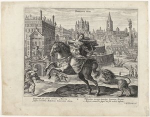 Hangende tuinen van Babylon met op de voorgrond een leeuwenjacht