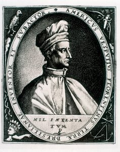 Portret van Amerigo Vespucci, inscriptie "Americus Vesputius Florentinus Terrae Bresilianae Inventoret Subactor" (gravure) door Crispin I de (after) Passe