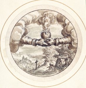 Handen die een brandend hart en keizerskroon vasthouden met uitzicht op Circus Maximus