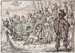 Triomfantelijke intocht van de Indiase Bacchus in Thebe (pen & bruine inkt met bruine was op papier)