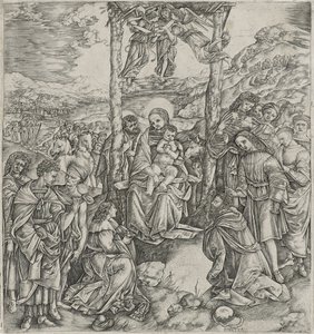 Aanbidding der Wijzen (gravure) door Cristofano Robetta