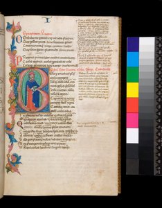 Ms 325. Lucan, Bellum Civile, en andere werken, f.10r. Verlichte initiaal [B], bewoond door een portret van een auteur op ware grootte, uitlopend in een gedeeltelijke bladerrand, c.1400-10 (perkament)