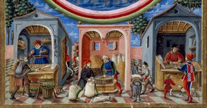 Detail van handelaren die verschillende artikelen verkopen: links een handelaar in fruit en groenten, in het midden een molenaar die graan vormt (detail) door Cristoforo De Predis