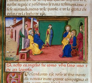 Jezus gaat op een zaterdag naar de synagoge van Nazareth en leest het boek van de profeet Jesaja Miniatuur door Cristoforo De Predis (1440-1486) na de Geschiedenis van het Nieuwe Testament