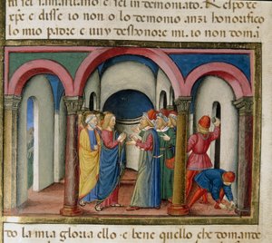 Jezus wordt ondervraagd bij de tempel van Salomo door Cristoforo De Predis