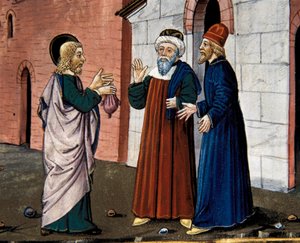 Judas gaat naar de priester en bekent zijn verraad aan Christus, uit de Leggendario Sforza-Savoia