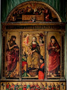 Drieluik van het mystieke huwelijk van St. Catharina, omringd door de heiligen Johannes de Doper en Johannes de Evangelist door Cristoforo Scacco