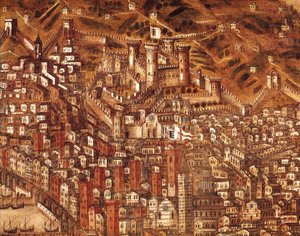 Uitzicht op Genua en zijn kasteel (detail) 1597