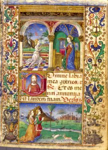 Annunciatie, getijdenboek van Borromeo, met Giovanni III Borromeo en zijn vrouw Cleofa Pio da Carpi tijdens het gebed. door Cristoforo De Predis