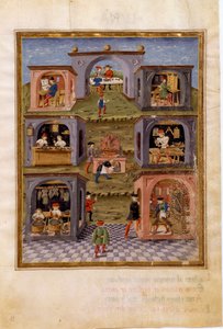 Invloeden van Mercurius: de ambachtslieden. Een kookscène omringd door een maaltijdscène, een kopiist, een horlogemaker, een wapensmid, een orgelbouwer, een beeldhouwer en een schilder van heilige kunst (miniatuur, ca. 1470)