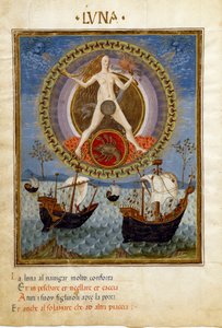 Maan met het sterrenbeeld kanker. Boten tijdens de opkomende vloed (miniatuur, ca. 1470)