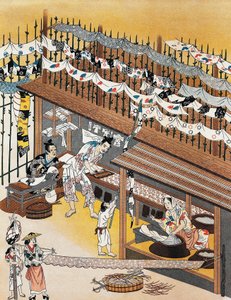 Ambachtslieden aan het werk, zijden schermen schilderen, Edo-periode (1600-1868) door Culture Edo
