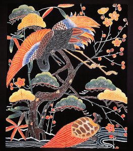 Kraanvogels en langstaart schildpad (tsurugame) detail van kimono stof met gunstige motieven, Japanse beschaving, Edo periode door Culture Edo