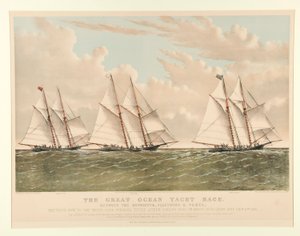 De grote oceaanjachtwedstrijd tussen de Henrietta, Fleetwing en Vesta door Currier and Ives