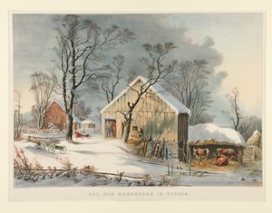 Het oude landhuis in de winter door Currier and Ives