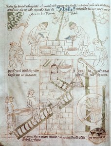 Ms 23 C 124 fol.3 De Bouw van de Toren van Babel, uit de Velislav Bijbel, c.1340 door Czech School