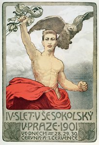 Poster ter promotie van de 4e Vergadering van Sokols in Praag in 1901