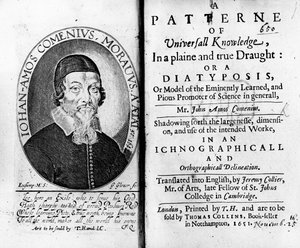 Titelpagina en frontispice van A Patterne of Universall Knowledge, inclusief een portret van Jan Amos Komensky, gegraveerd door George Glover, 1651 door Czech School