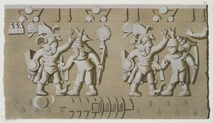 Bas-Relief van Oude Azteekse Krijgers, van de Steen van Tizoc die een Heerser Herdenkt die zijn Gevangenen bij het Hoofd Vasthoudt door D.K. Bonatti