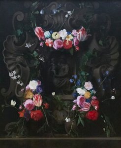 Bloemenguirlandes rondom de Maagd met kind