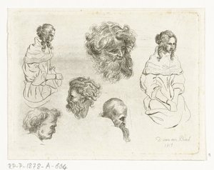 Studieblad met hoofden en vrouwenlichamen door D. van den Bosch