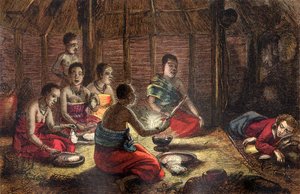 Mungo Park rustend in een hut van een inboorling in Sego, Bambarra, 1796