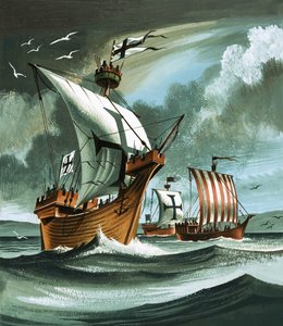 Handelsschepen met Teutoonse ridders aan boord naderen een piratenschip