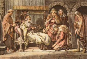 Harold, terugkerend uit Normandië, presenteert zich aan Edward de Belijder, gegraveerd door JD Cooper