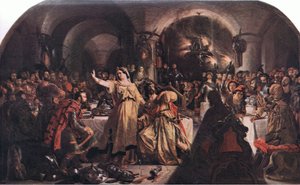 De geest van Banquo (Macbeth) "Prithee, kijk daar! zie! kijk! Lo! Hoe zeg je?", uit The Complete Works of William Shakespeare pub. door J Coker & Co Ltd (kleur litho)
