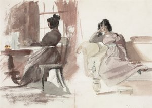 Studies van een jonge dame in een roze jurk, zittend aan haar bureau en zittend op een chaise longue