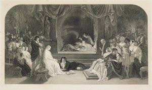 De toneelscène, Act III, Scène II van Hamlet door William Shakespeare door Daniel (after) Maclise