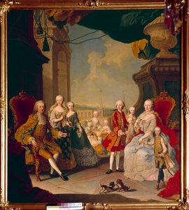 Francois I van het Heilige Roomse Rijk (1708-1765) en zijn vrouw keizerin Marie Therese I (1717-1780) met hun elf kinderen op het terras van het kasteel van Schonbrunn. De toekomstige koningin Marie Antoinette poseert in het midden nog als baby. door Daniel (and Studio) (after) Mytens