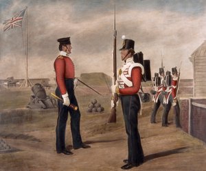 Majoor Thomas Egerton en een schildwacht, 77e (The East Middlesex) Regiment, Portsmouth door Daniel Cunliffe