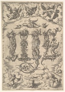 IHS-monogram omringd door zes engelen, ca. 1485-1536 door Daniel Hopfer