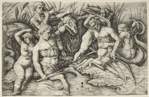 Twee Tritons vechten - Slag van de Zeegoden (rechter gedeelte) door Daniel Hopfer