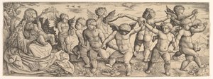 Maagd en Kind met dansende engelen in een landschap, 1530s door Daniel Hopfer