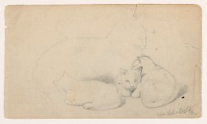 Tekening, Kat en drie kittens; Verso: Arabische man zittend ontvangt een man, mogelijk naar David Roberts, 1844 door Daniel Huntington