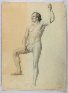 Tekening, Mannelijk naakt met een voet op een trede, 1858 door Daniel Huntington