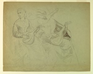 Schetsen van een vrouw met een luit, studie voor "Titiaan toont de graflegging aan Karel V en Clemens VII"