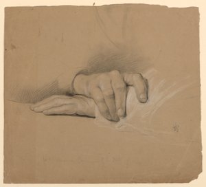Studie van handen voor oudere vrouw in "Communie van de zieken" door Daniel Huntington