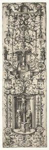 Ornamentale filet met de kruisiging en de maagd en het kind