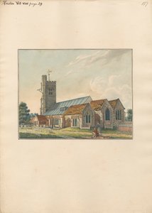 Heston Churchyard met een kunstenaar die de grafstenen schetst door Daniel Lysons