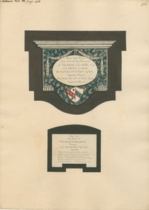 Gedenkteken voor Thomas Clarke en vrouw Sarah en Thomas Worlidge van Fulham Church door Daniel Lysons