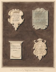 Gedenktekens voor Mevrouw Mary Staunton, John Silvester, Mevrouw Frances Whiterly en Mevrouw Rebecca Lone uit Bedfont Church door Daniel Lysons
