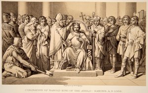 Kroning van Harold II in 1066, gegraveerd door W. Ridgeway door Daniel Maclise