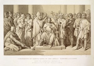 Kroning van Harold, Koning van de Angelsaksen, gegraveerd door W. Ridgeway door Daniel Maclise
