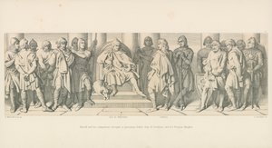 Harold en zijn metgezellen, als gevangenen gebracht voor Guy van Ponthieu en zijn Normandische ridders door Daniel Maclise