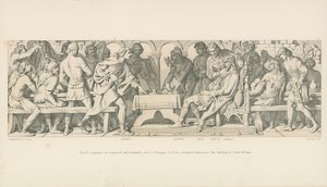 Harold veroveraar in Stamford, en gewond, zit aan een banket in York. Een heraut kondigt de landing van hertog Willem aan door Daniel Maclise